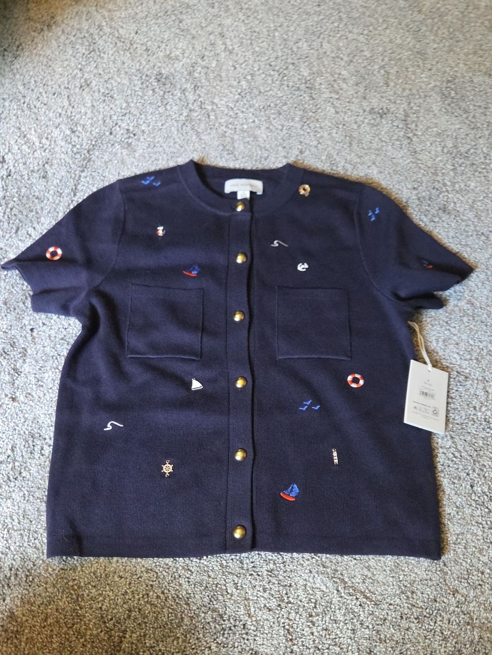 Navy Embroidered Nautical Short Sleeve Cardigan Nwt